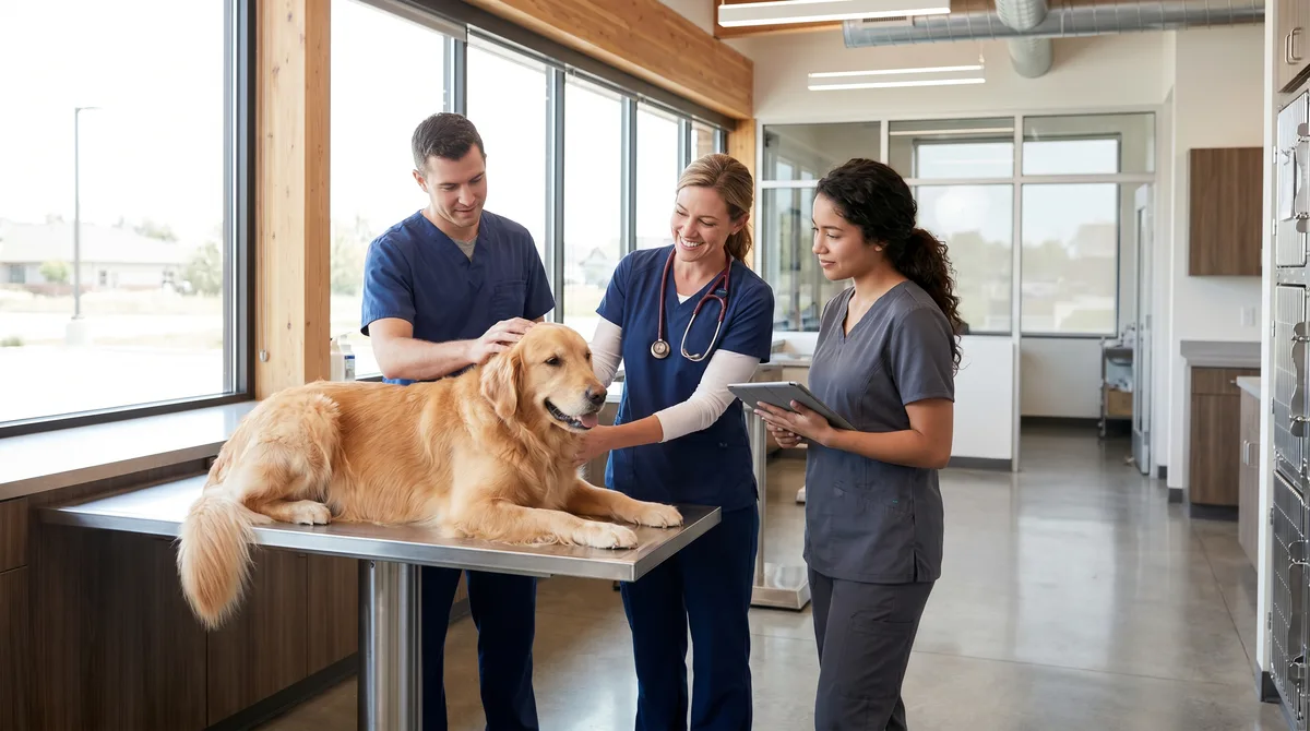 Hund auf dem Behandlungstisch einer Tierklinik, von einer Tierärztin untersucht